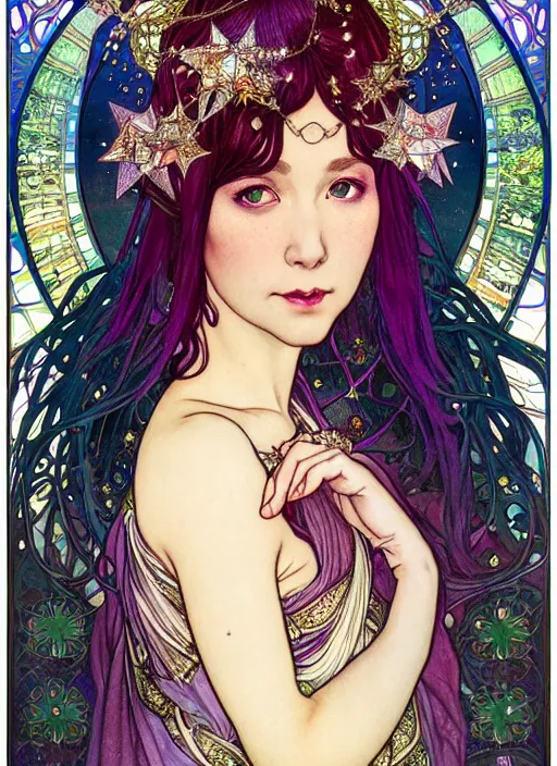 Image similar to fantastic portrait of a beautiftul witch with some shinny star, cloak, royally decorated crystal gemstones, symmetrical face, art nouveau, portrait, cute, fairy, by mai yoneyama, kelly mckernan, greg rutkowski, alphonse mucha, detailed background, artstation, intricate, elegant, highly detailed, colorful, maximalist