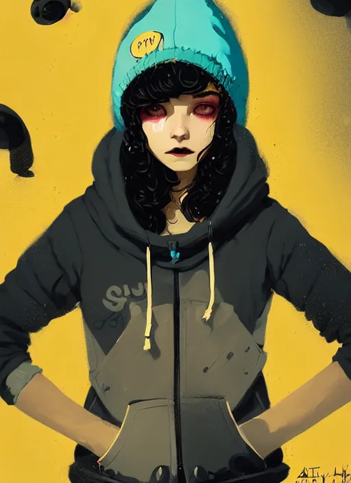 Image similar to highly detailed portrait of a sewerpunk student lady, blue eyes, hoody, beanie hat, black curly hair by atey ghailan, by joe fenton, by greg rutkowski, by greg tocchini, by kaethe butcher, gradient yellow, black, brown and cyan color scheme, grunge aesthetic!!! ( ( dystopian graffiti tag wall background ) )