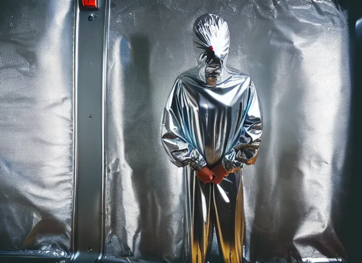 Prompt: man wrapped in foil standing on a buss cenimatic photography