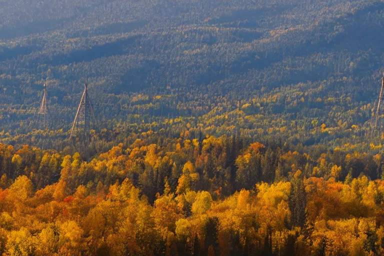 Image similar to a mountain with a radio tower next to a pond, autumn hills in background. telephoto lens photography.