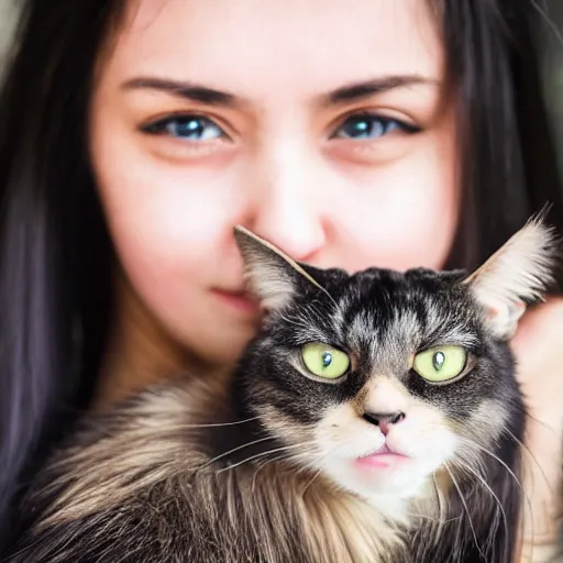 Prompt: a woman with long dark hair, big shiny dark eyes holding a cat in her arms, a stock photo by juan villafuerte and minerva j. chapman, pexels contest winner, high quality photo, rtx, hd, tumblr contest winner, anime, pretty, shiny eyes, sensual