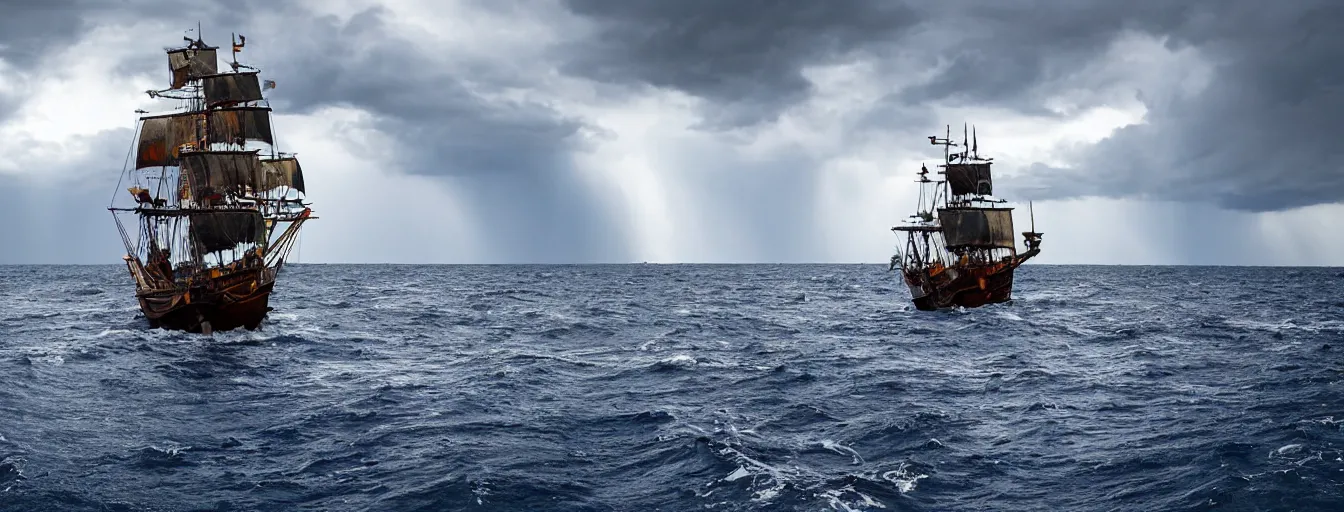 Image similar to pirate ship in the middle of the ocean, thunderstorms