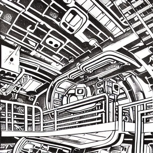 Prompt: MC Escher print of space station