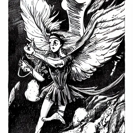 Prompt: precisely drawn illustration o flying harpy, old-fashioned tarot card, victorian playing card, sepia tone, wide angle, sharp, fine details, French comic style, cyberpunk, intense line art, 8k, precise linework, realistic, shaded lighting by katsuhiro otomo ghost-in-the-shell, magali villeneuve, artgerm, rutkowski Jeremy Lipkin and Giuseppe Dangelico Pino and Michael Garmash and Rob Rey and Moebius