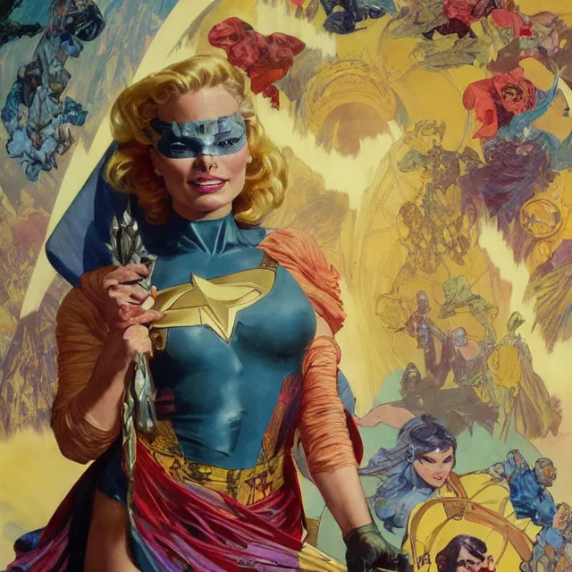 Image similar to an aesthetic!, detailed portrait of margot robbie dressed as a superhero for marvel studios, action movie still, by frank frazetta and alphonse mucha, oil on canvas, bright colors, art nouveau, epic composition, dungeons & dragons, fantasy art, hd, god - rays, ray - tracing, crisp contour - lines, huhd - 8 k