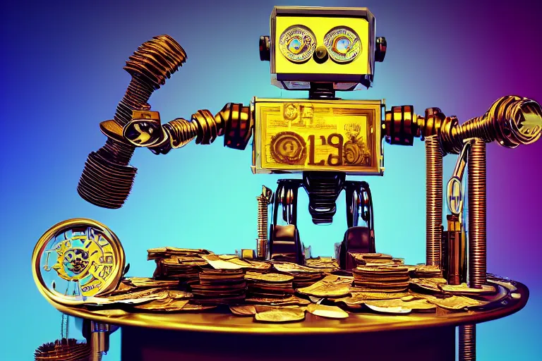 Prompt: photo of a golden and blue metal steampunk office robot with gears and tubes sitting in a modern office, on the office table and floor is a mountain of money bills, eyes are glowing red lightbulbs, shiny crisp finish, 3 d render, 8 k, insaneley detailed, fluorescent colors, background is multicolored lasershow