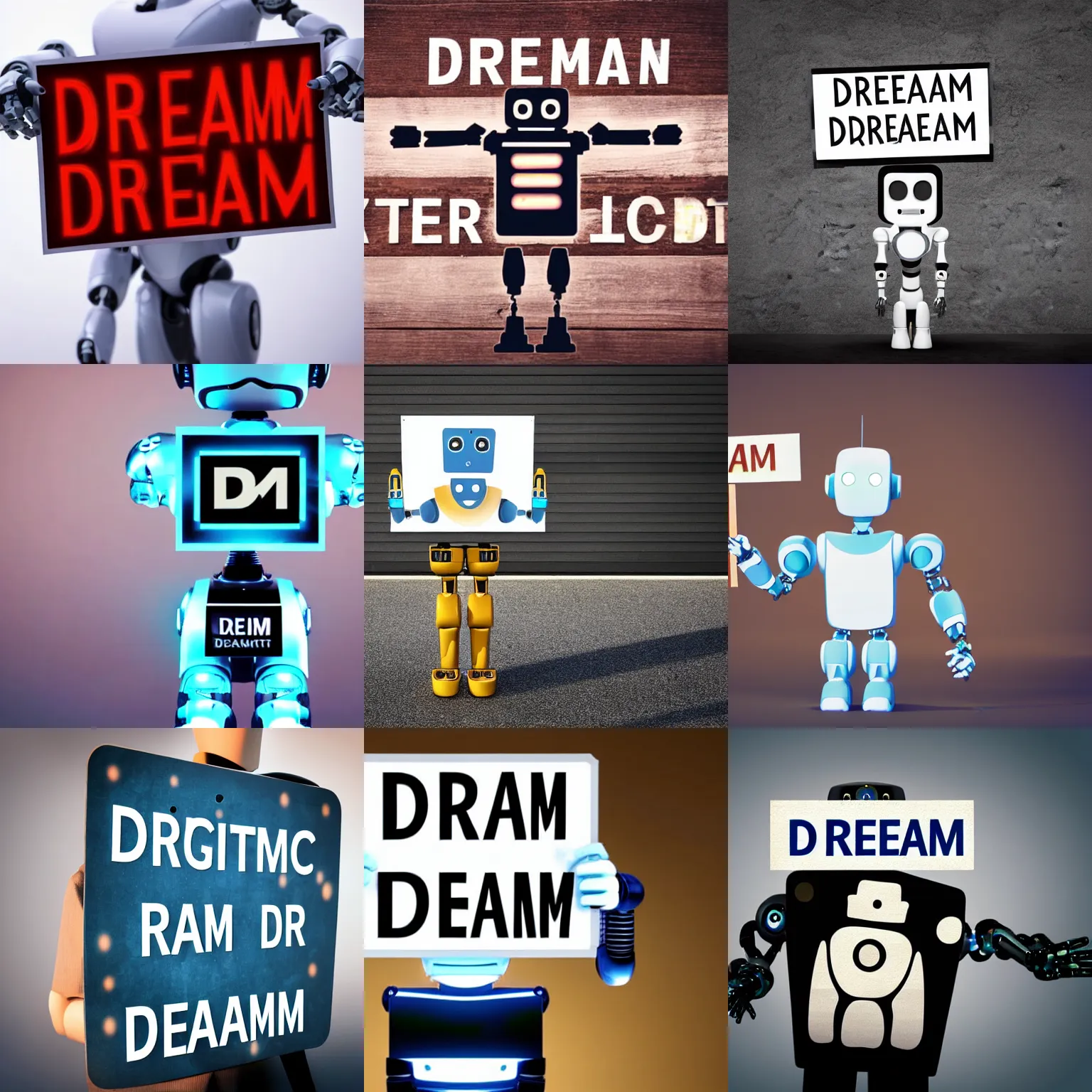 Image similar to artificial intelligence robot holding a sign with text that reads : dream