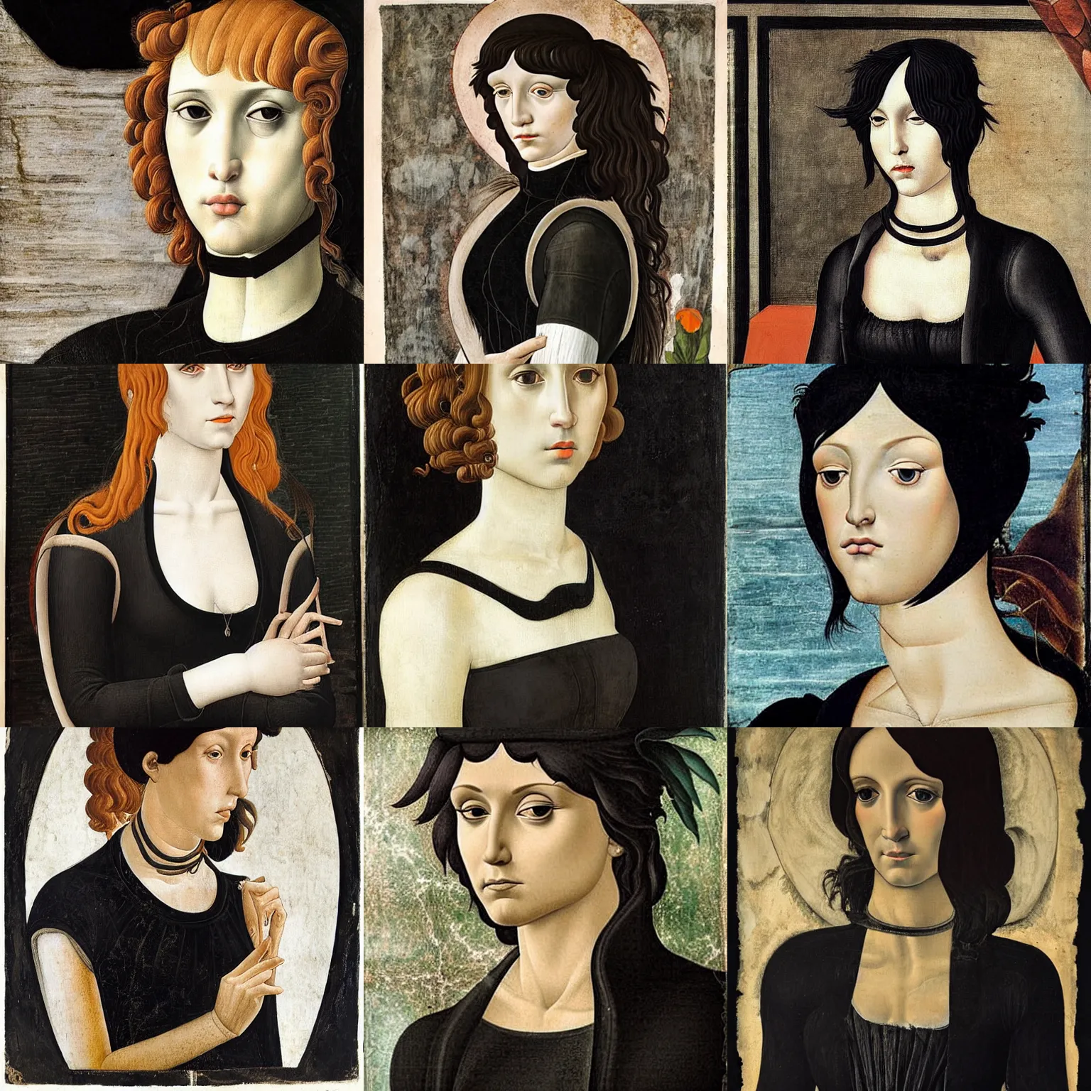 Prompt: an emo by sandro botticelli. her hair is dark brown and cut into a short, messy pixie cut. she has large entirely - black eyes. she is wearing a black tank top, a black leather jacket, a black knee - length skirt, a black choker, and black leather boots.