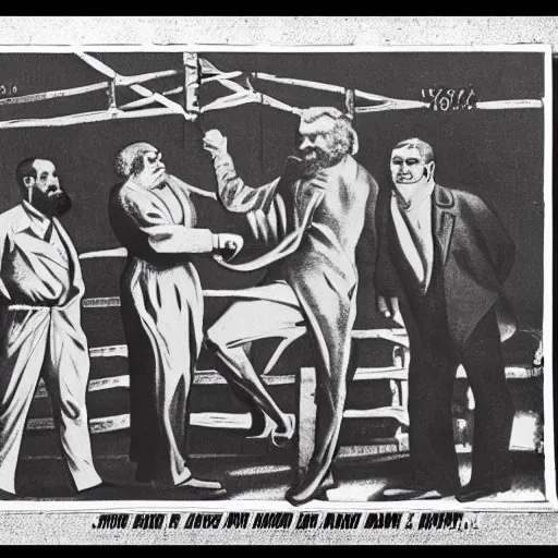 Image similar to Karl Marx and Ayn Rand boxing, photo, 1920, boxing ring background