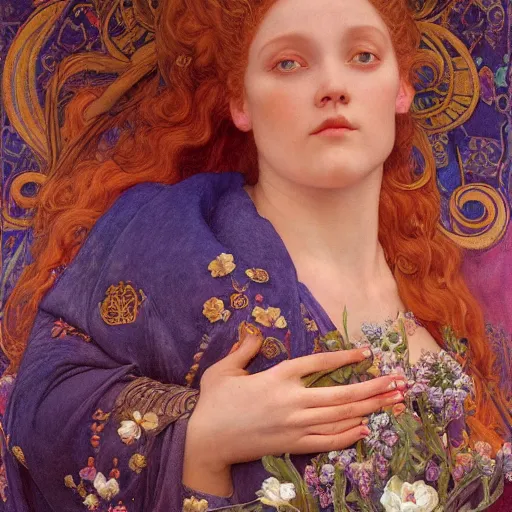 Image similar to princess of the dawn, by annie swynnerton and charlie bowater and diego rivera and nicholas roerich and jean delville and evelyn de morgan, dramatic lighting, brocade robes, elaborate floral ornament, rich colors, smooth sharp focus, extremely detailed, donato giancola, adolf wolfli