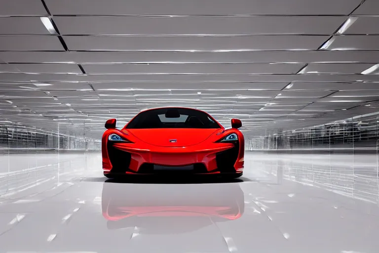 Image similar to a red mclaren standing in a white void with a reflective white floor, reflective car, realistic, intricate, white light