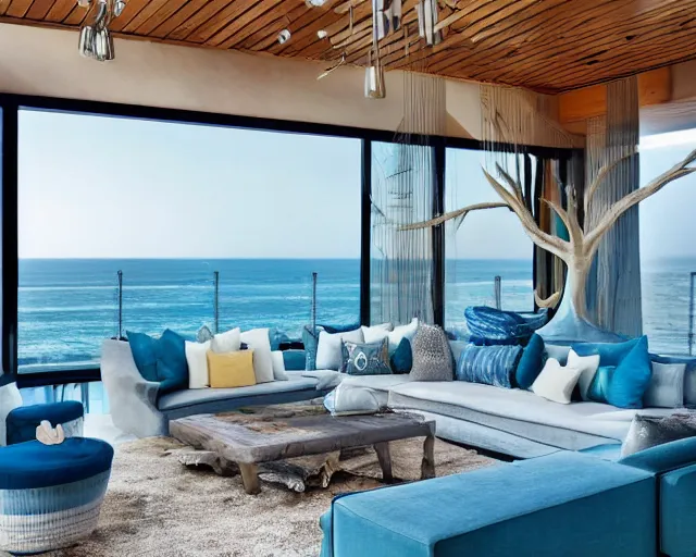 Image similar to A modern living room in a ocean hues style next to a big terrace overlooking the ocean, sea shells on top of a luxurious wooden coffee table in the center, inspired by the ocean, calm, relaxed style, harmony, wide angle shot, 8k resolution, ultra detailed