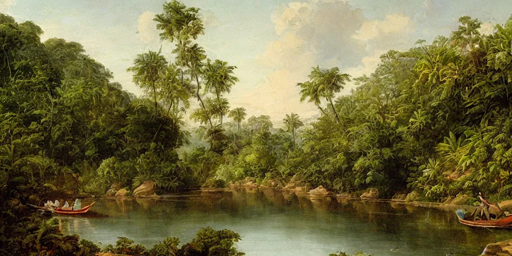 Image similar to painting of a river in the jungle with a small boat in the distance