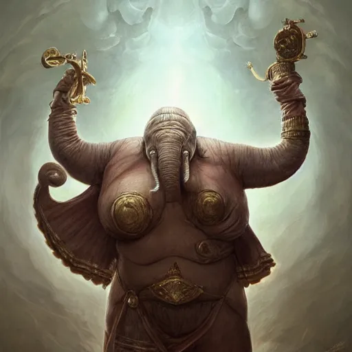 Image similar to fantasy portrait, elephant man, d & d loxodon, wearing loincloth, holding holy symbol, fat, rpg game, main character, detailed, digital painting, artstation, sharp focus, illustration, tomasz alen kopera, peter mohrbacher, donato giancola, joseph christian leyendecker, wlop, frank frazetta