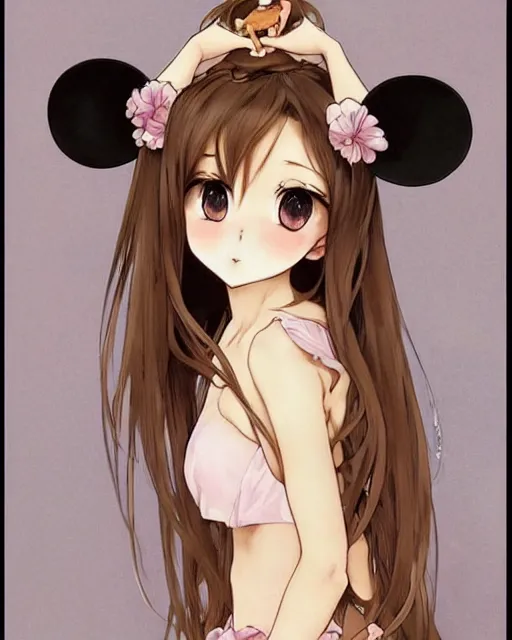Prompt: A cute frontal painting of a very very beautiful anime skinny mousegirl with long wavy brown colored hair and small mouse ears on top of her head wearing a cute black dress and black shoes looking at the viewer, elegant, delicate, feminine, soft lines, higly detailed, smooth , pixiv art, ArtStation, artgem, art by alphonse mucha Gil Elvgren and Greg rutkowski, high quality, digital illustration, concept art, very long shot, game character