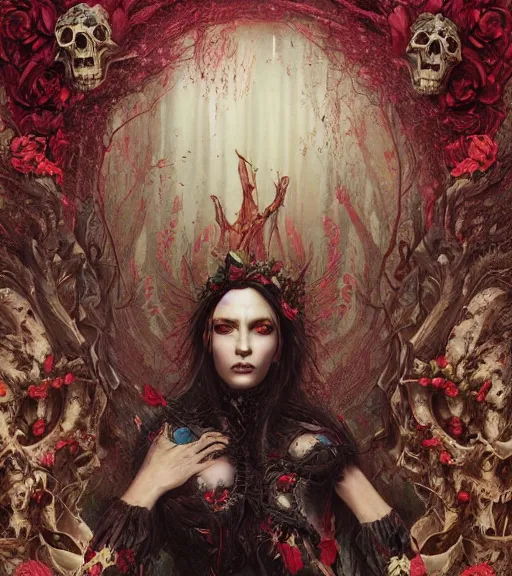 Image similar to portrait of the supreme queen of the blood cult, surrounded by skulls and overgrowth and dark flowers by karol bak, WLOP, James Jean, tom bagshaw, rococo, trending on artstation, cinematic lighting, hyper realism, octane render, 8k, hyper detailed.