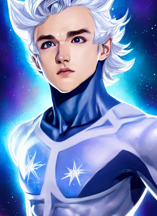 Image similar to full body portrait of quicksilver as a magical star guardian. detailed face, concept art, intricate, highly detailed 8 k, smooth, sharp focus, beautiful and aesthetic shape of face and body, artgerm, artstation, art by zexi guo and nira and junpei suzuki and gharliera and rinotuna