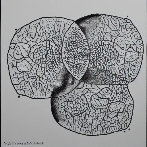 Prompt: an ink drawing of a pair of anthroponomic amoebas meeting each other.