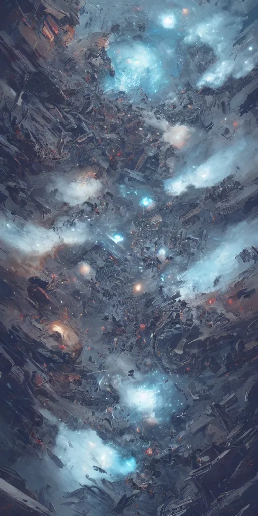 Prompt: Fibonacci galaxies at war by Greg Rutkowski and James Jean, hyper detailed, world war, chaos