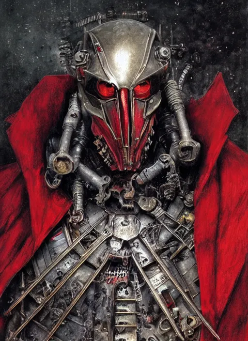 Image similar to portrait of rotten Nicolas Cage as adeptus mechanicus in red hood and robe from Warhammer 40000. Highly detailed, artstation, illustration by and John Blanche and zdislav beksinski and wayne barlowe and Gustav Klimt