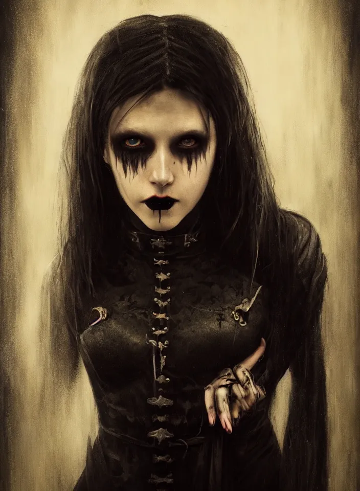 Prompt: a half portrait of a young female vampire wearing a gothic dress from skyrim, fantasy setting, beautiful face, dark colors, scary lighting, atmospheric, cinematic, moody, in the style of diego koi, gina heyer, luiz escanuela, art by alyssa monk, hyperrealism, rule of thirds, golden ratio, oil on canvas, 8 k