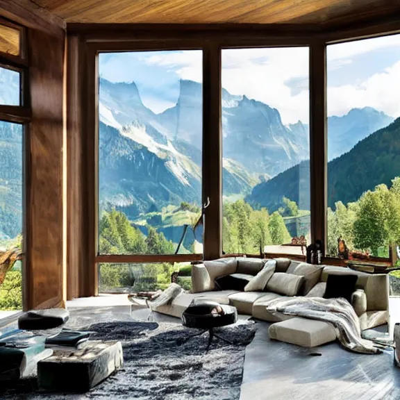 Image similar to fantastical living room with switzerland landscape in the window