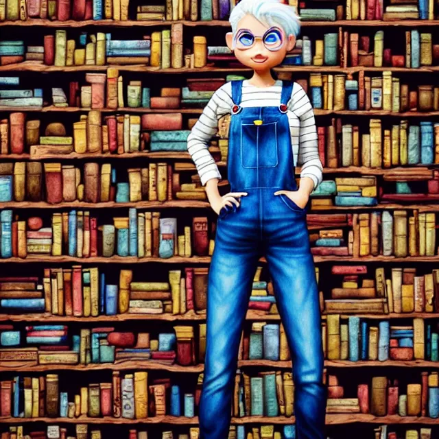 Image similar to full body pose, beautiful adult book fairy, pixar, short white hair shaved sides, dirty, grungy, grunge, long sleeve, painted overalls, stacks of giant books, highly detailed, 4 k, hdr, smooth, sharp focus, high resolution, award - winning photo, artgerm, photorealistic