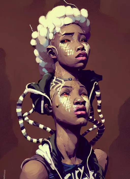 Image similar to highly detailed portrait of a sewer punk african lady, tartan hoody, white afro hair by atey ghailan, by greg rutkowski, by greg tocchini, by james gilleard, by joe fenton, by kaethe butcher, gradient cyan, brown, blonde cream and white color scheme, grunge aesthetic!!! ( ( graffiti tag wall background ) )