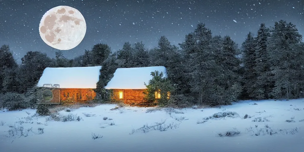 Prompt: a cottage in a snowy landscape, forest in background, full moon, digital art