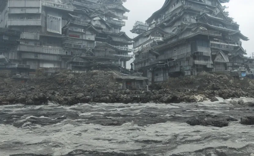 Image similar to a large building on the coast of japan. in the style of gits mamoru oshii.