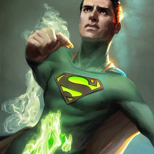 Image similar to superman smoke kryptonite green dust, wlop, superman is high, superman is addicted, by greg rutkowski