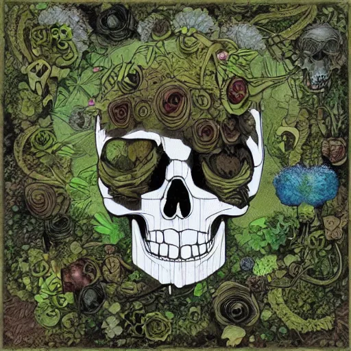 Prompt: overgrown skull inspired by René Laloux,Dan Mumford,twisted ivy vines,moss,flowers collage