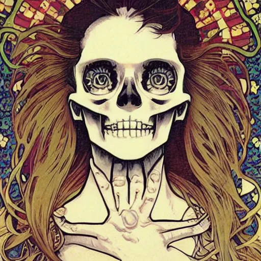 Image similar to manga skull portrait girl female skeleton realism hyperrealistic art Geof Darrow and will cotton alphonse mucha pop art kawaii
