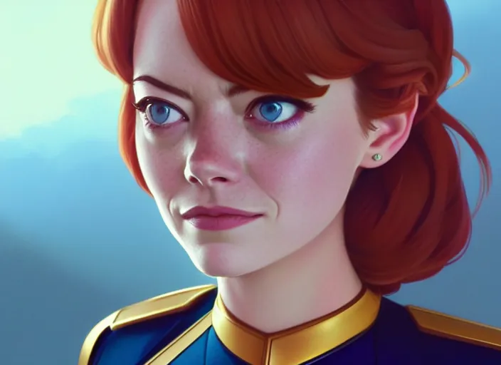 Image similar to a disney film still of emma stone as a star trek officer, finely detailed features, closeup of the face, perfect art, dusk, blue hour, gapmoe yandere grimdark, trending on pixiv fanbox, painted by greg rutkowski, makoto shinkai, takashi takeuchi, alphonse mucha, akihiko yoshida