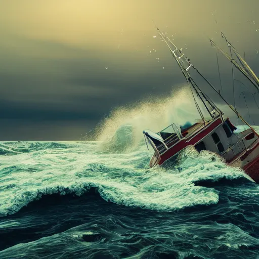 Prompt: 1024x768 a small fishing boat on the ocean being tossed around in heavily crashing waves, dusk, rule of thirds, rendered in octane, Corona, vray and Arnold, insanely detailed, photorealistic, cinematic, global illumination, no grain