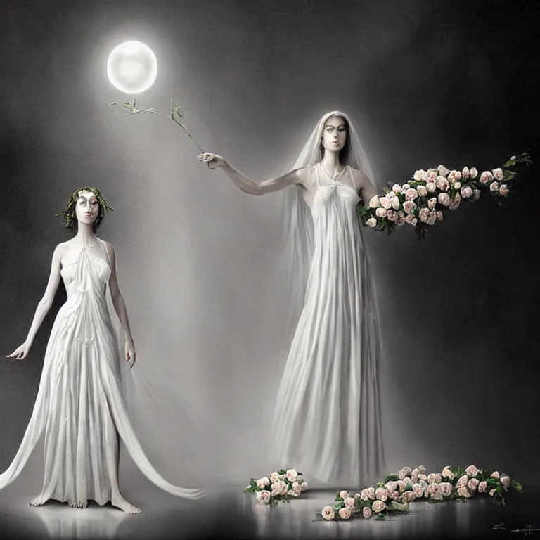 Image similar to professional digital art of wonderful symmetrical goddess with a majestic semi transparent white roses cotton dress, atmospheric light, dramatic lighting, cinematic, painted, intricate, detailed, foreboding, by art by meredit frampton and gregory crewdson, epic, stunning, gorgeous, much wow, cinematic, masterpiece.