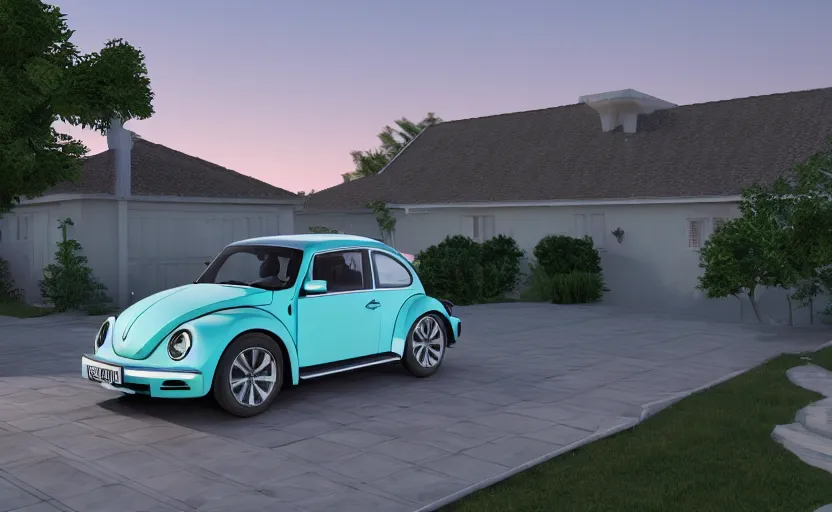 Image similar to a vw beetle parked near a modern small house with a pool at sunrise, concept art, octane render, unreal engine 5, trending on artstation, high quality, highly detailed, 8 k, soft lighting, path traced, godrays, lens flare, hyperrealistic, symmetrical, low contrast, digital art, beautiful, elegant