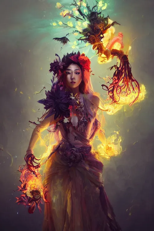 Image similar to beautiful girl necromancer, witch - doctor exploding into flowers, angels, 3 d render, hyper - realistic detailed portrait, holding fire and electricity rainbow, ruan jia, wlop. scifi, fantasy, magic the gathering, hyper detailed, octane render, concept art, peter mohrbacher