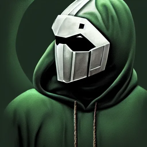 Prompt: portrait of mf doom, gray - metal steel mask, dark green hood, complex background, intricate, elegant, highly detailed, digital painting, artstation, concept art, smooth, sharp focus, illustration, by anato finnstark, boissb - blanca. j, cindy avelino, clint cearley, anna podedworna