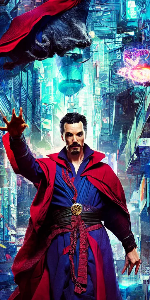 Image similar to cyberpunk, dr strange, photograph, cinematic,