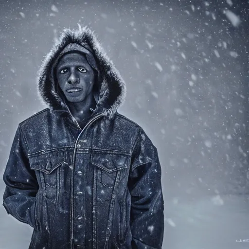 Image similar to an award winning National Geographic picture of a black Jackal wearing a denim Jacket in the snow by Lee Jeffries, 85mm ND 5, perfect lighting in a snow storm