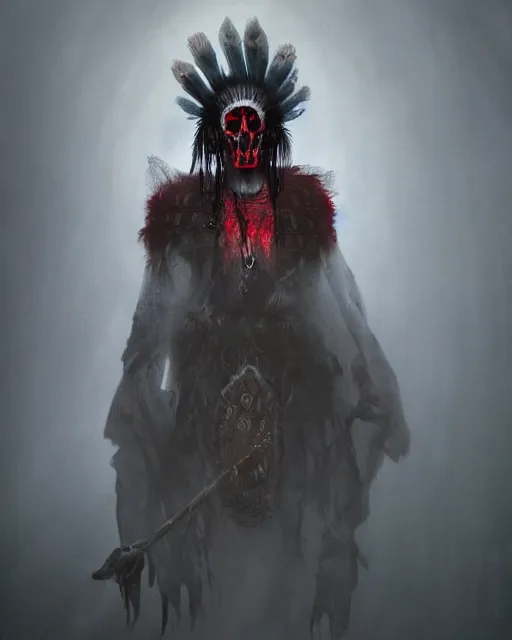 Image similar to the ghost - spirit of the grim - warpaint wears the scarlet skull armor and native blood headdress feathers, midnight fog - mist!, dark oil painting colors, realism, cinematic lighting, various refining methods, micro macro autofocus, ultra definition, award winning photo