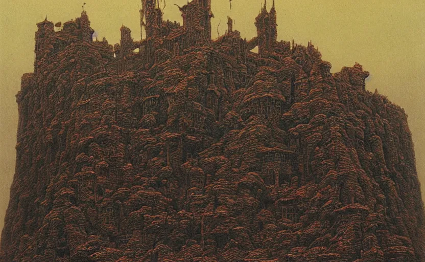 Image similar to menacing castle in hell dominates the landscape by beksinski