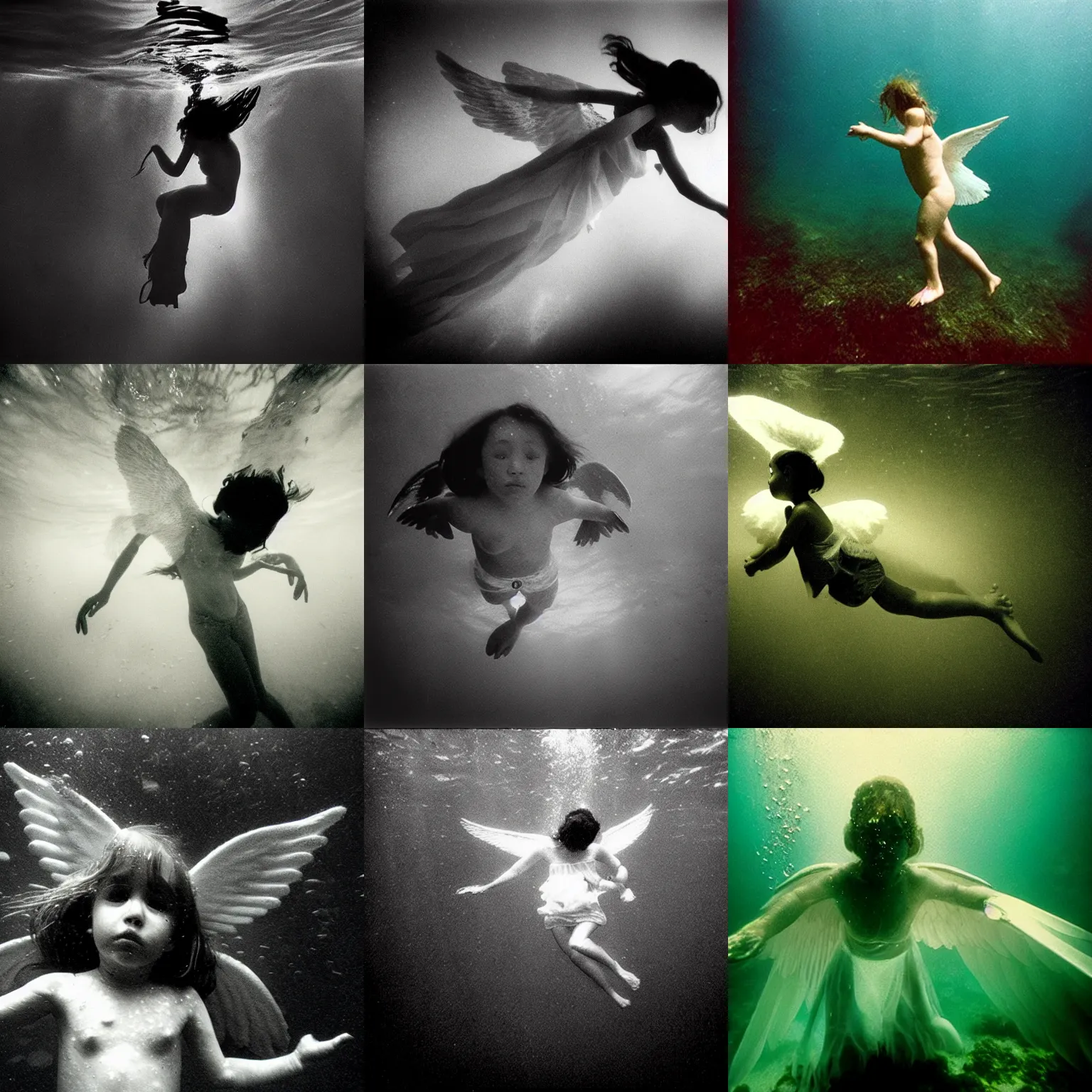 Prompt: underwater photo of an angel by trent parke, close up, overexposed, detailed