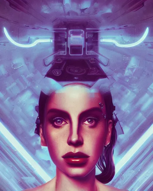 Image similar to portrait of Lana Del Rey as a cyborg. intricate abstract. intricate artwork. by Tooth Wu, wlop, beeple, dan mumford. mulholland drive by david lynch, dune by david lynch, octane render, trending on artstation, greg rutkowski, alex ross. very coherent symmetrical artwork. cinematic, hyper realism, high detail, octane render, 8k, iridescent accents