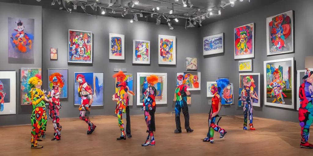 Prompt: an modern art gallery with pictures in the style of clowns and a bunch of cool looking clowns in 2 0 2 1