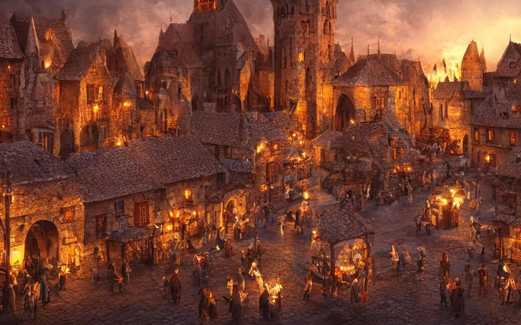 Image similar to at the square of a medieval french village made from chocolate a well in the center, arches, orange light, highly detailed, cinematic lighting, render, fantasy