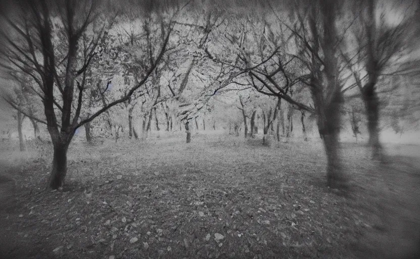 Prompt: chains on trees, pinhole camera effect, lomography effect, analogue photo quality, monochrome, blur, unfocus