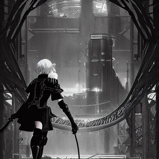 Image similar to a beautiful portrait of Nier Automata in a science fiction environment by ansel adams