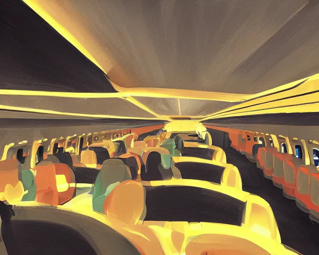Image similar to Nightclub inside a widebody plane, concept art, digital painting
